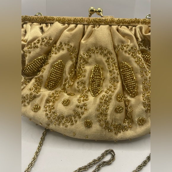 Vintage La Regal Satin Gold Beaded Mini Clutch Handbag - Picture 2 of 7